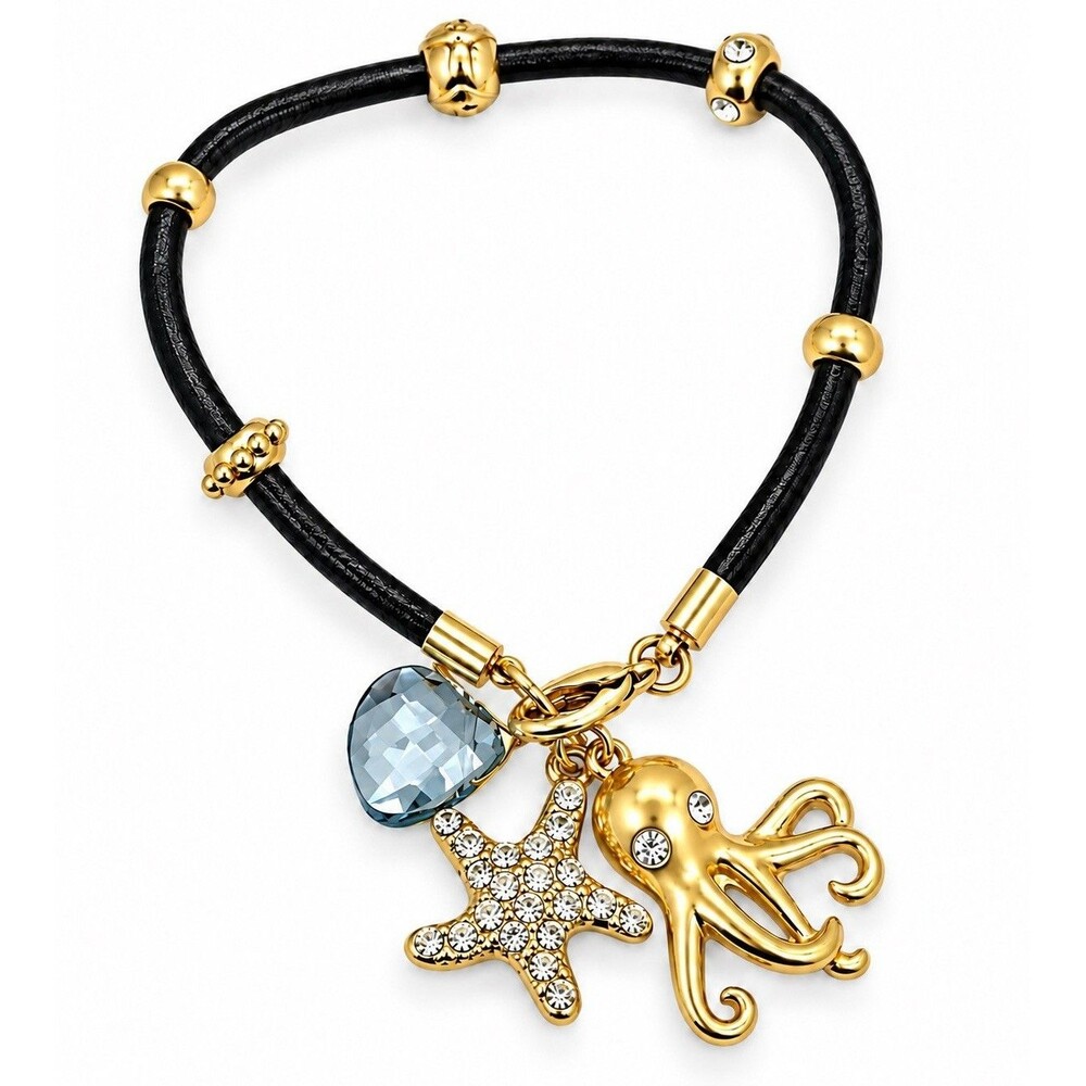 Black Cord Bracelet Sea Starfish Octopus Blue Crystal Ocean Nautical Charm 7.5”